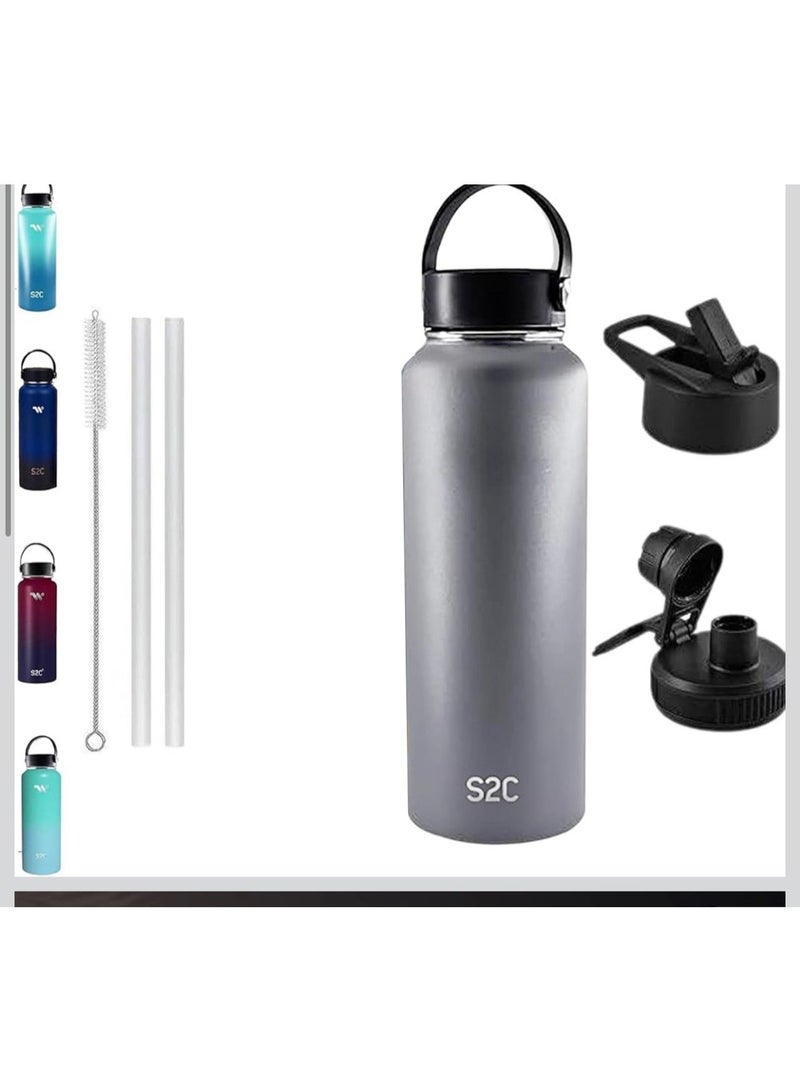 S2C 1200ml insulated water bottle, double wall, made of 18/8 stainless steel, with straw, suitable for sports, thermos, hot water bottle, gym bottle (silver) - Image 1